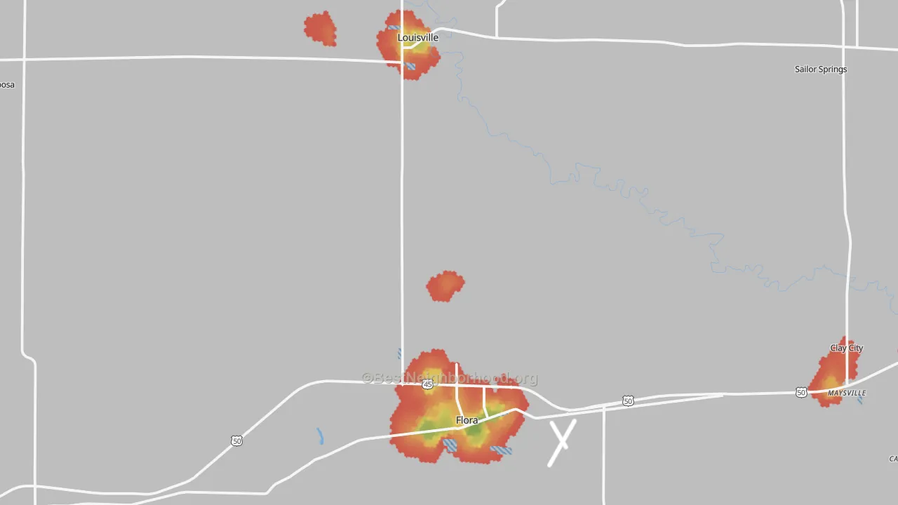 Walk Grade map of Clay County, IL, walkable areas in green and car-dependent areas in red