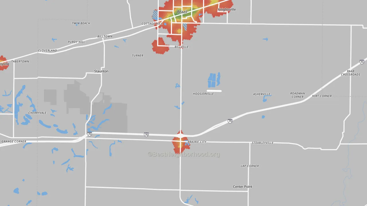 Walk Grade map of Clay County, IN, walkable areas in green and car-dependent areas in red