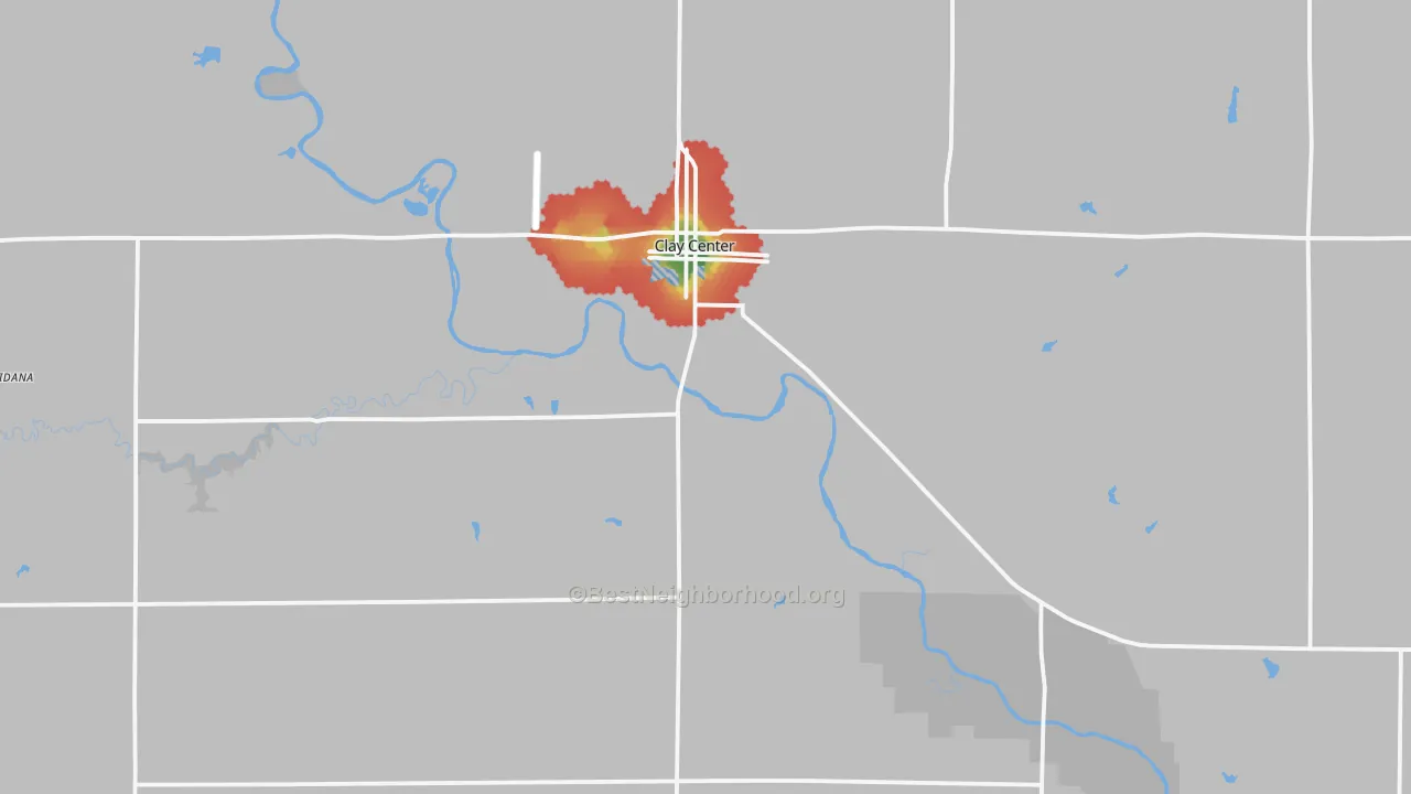 Walk Grade map of Clay County, KS, walkable areas in green and car-dependent areas in red
