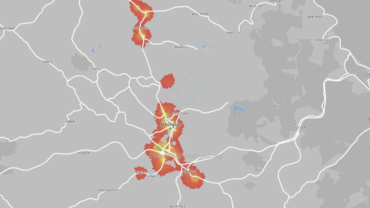 Walk Grade map of Clay County, KY, walkable areas in green and car-dependent areas in red