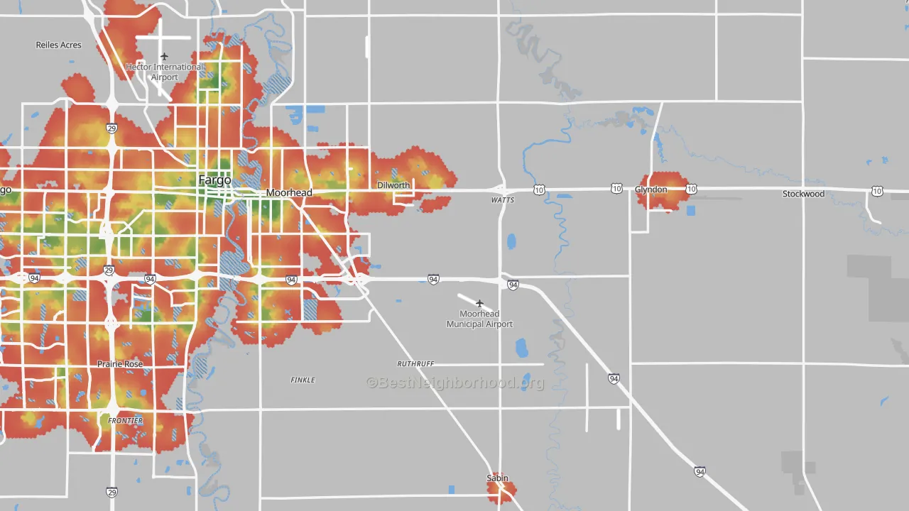 Walk Grade map of Clay County, MN, walkable areas in green and car-dependent areas in red