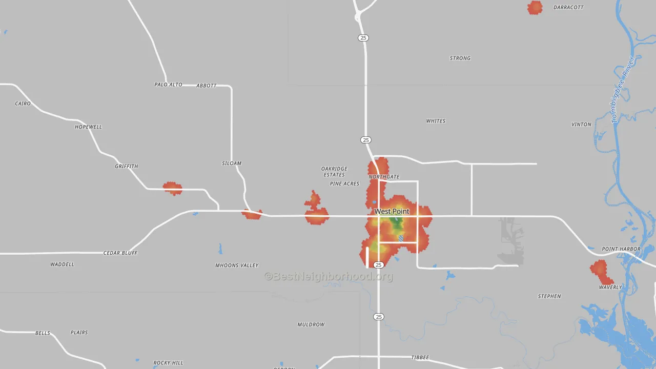 Walk Grade map of Clay County, MS, walkable areas in green and car-dependent areas in red
