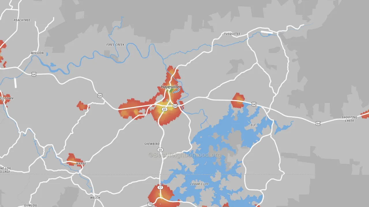 Walk Grade map of Clay County, NC, walkable areas in green and car-dependent areas in red