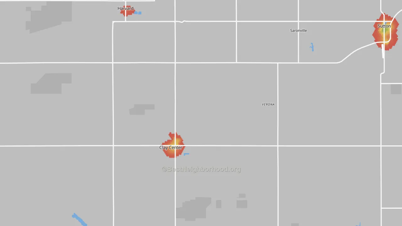 Walk Grade map of Clay County, NE, walkable areas in green and car-dependent areas in red