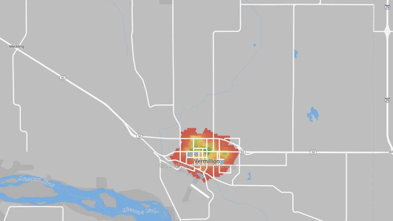 Walk Grade map of Clay County, SD, walkable areas in green and car-dependent areas in red