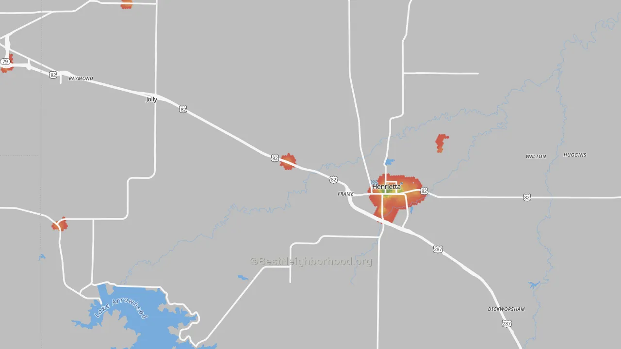 Walk Grade map of Clay County, TX, walkable areas in green and car-dependent areas in red