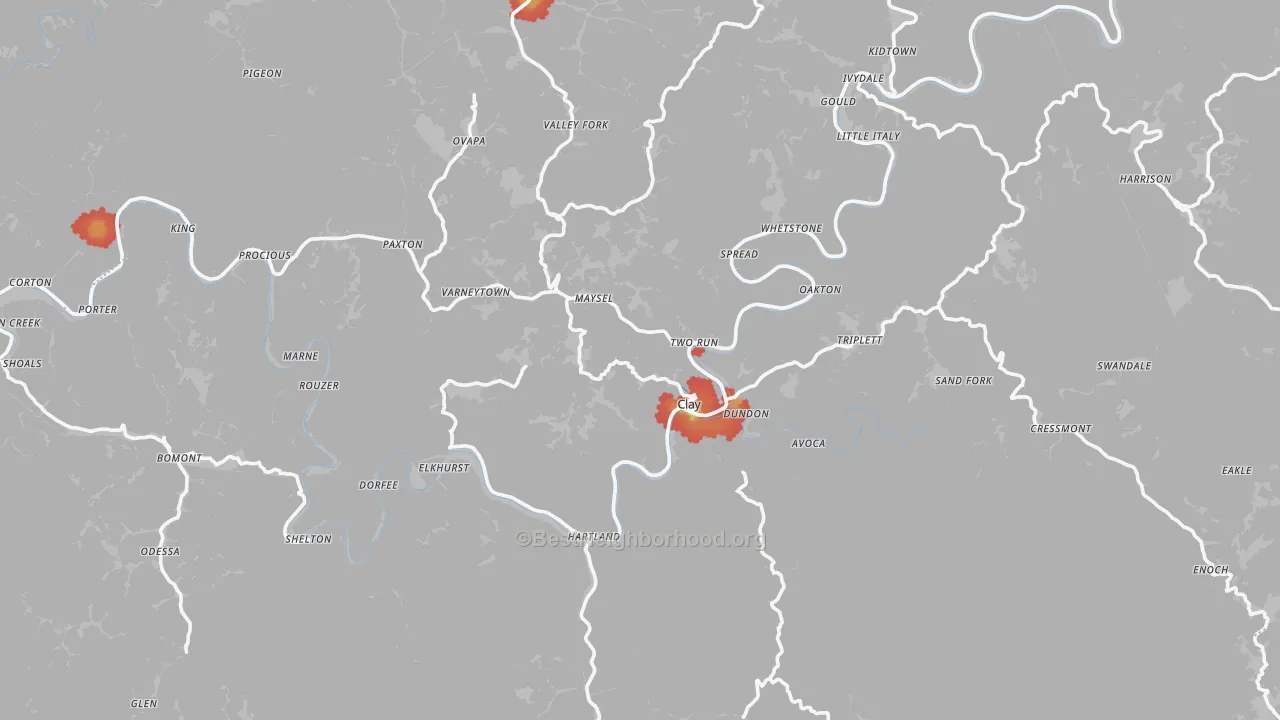Walk Grade map of Clay County, WV, walkable areas in green and car-dependent areas in red