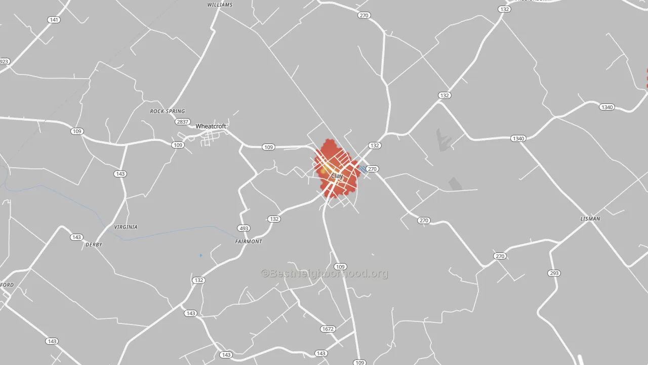 Walk Grade map of Clay, KY, walkable areas in green and car-dependent areas in red