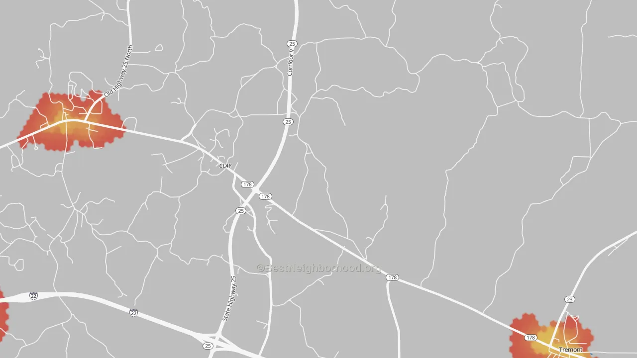 Walk Grade map of Clay, MS, walkable areas in green and car-dependent areas in red