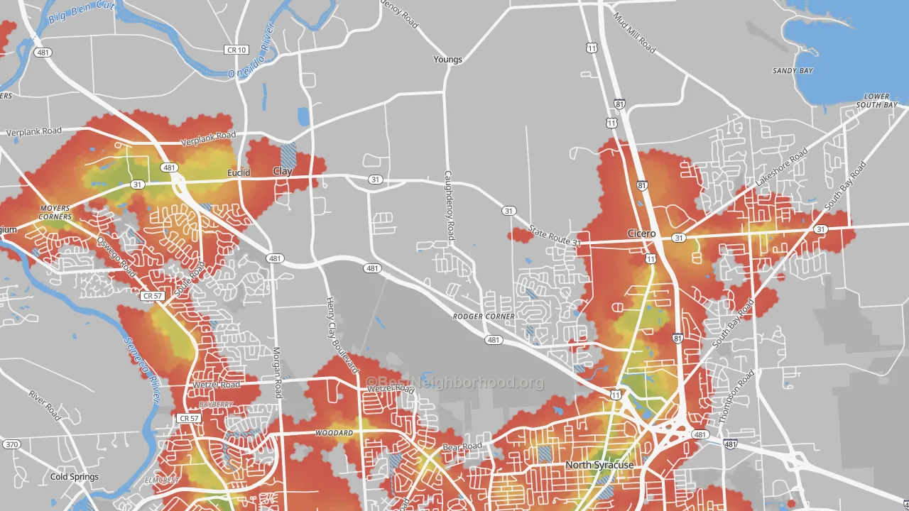 Walk Grade map of Clay, NY, walkable areas in green and car-dependent areas in red