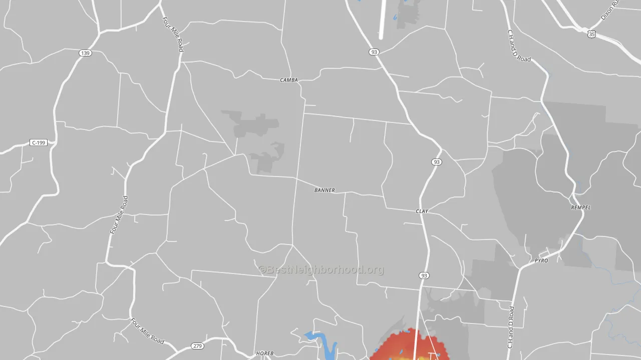 Walk Grade map of Clay, OH, walkable areas in green and car-dependent areas in red