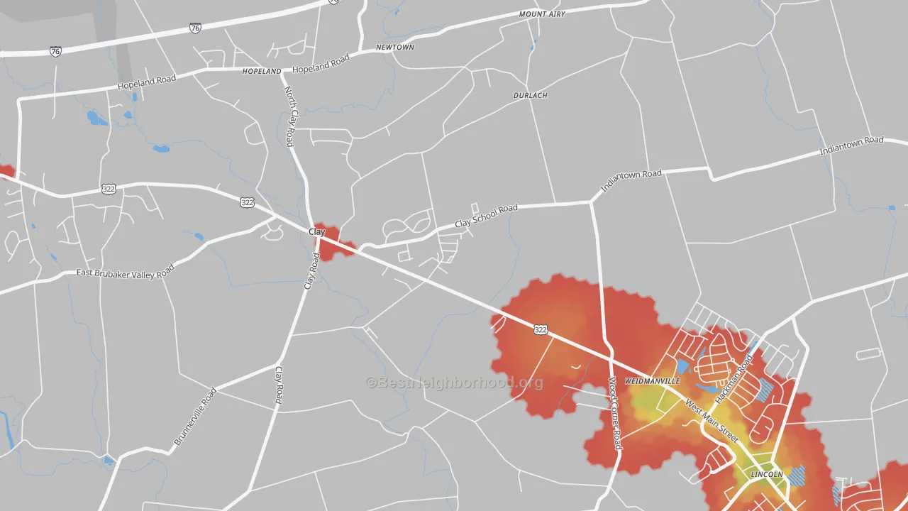 Walk Grade map of Clay, PA, walkable areas in green and car-dependent areas in red