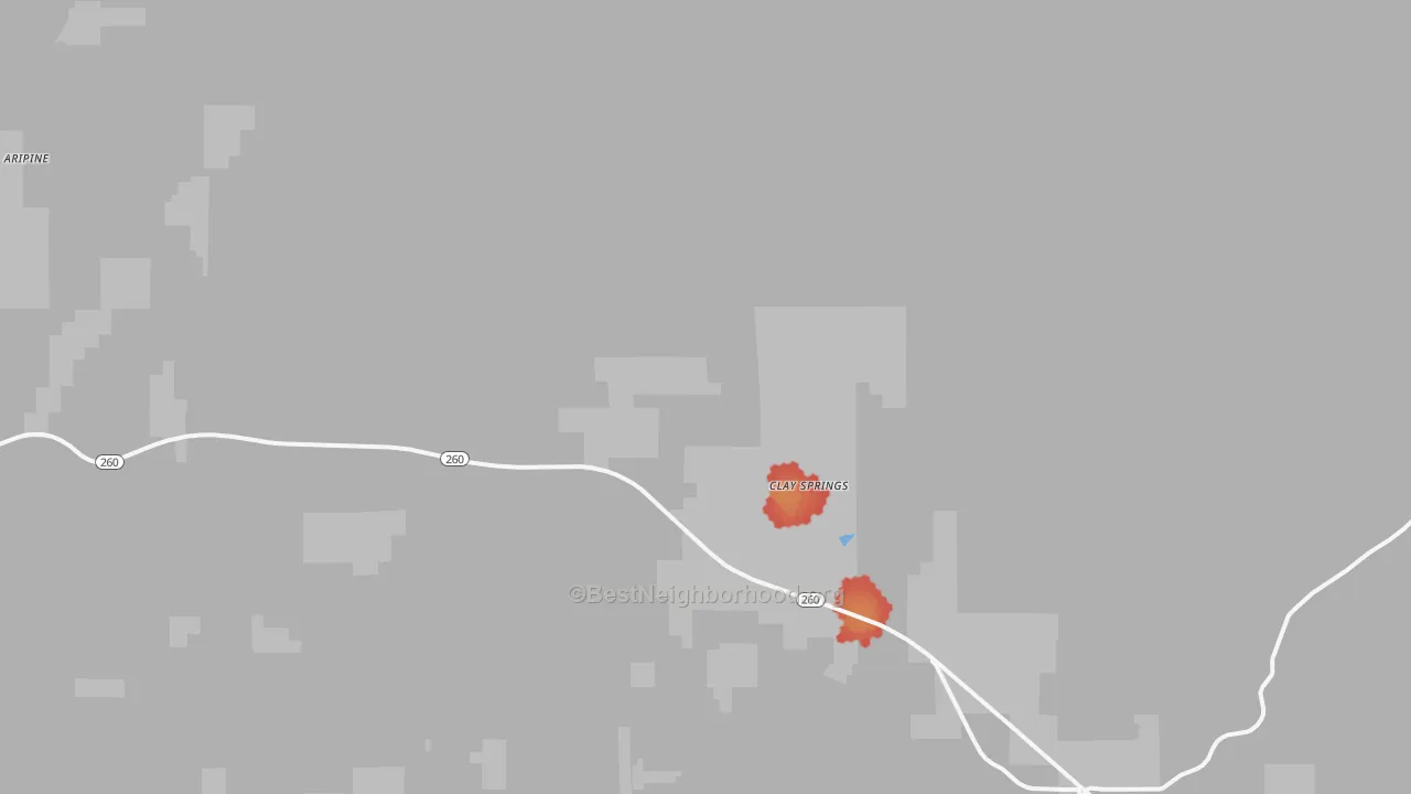Walk Grade map of Clay Springs, AZ, walkable areas in green and car-dependent areas in red