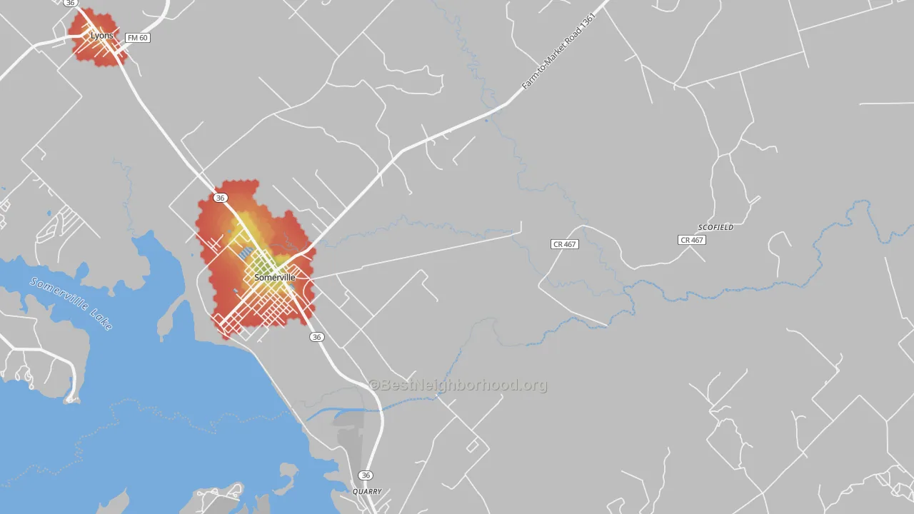 Walk Grade map of Clay, TX, walkable areas in green and car-dependent areas in red