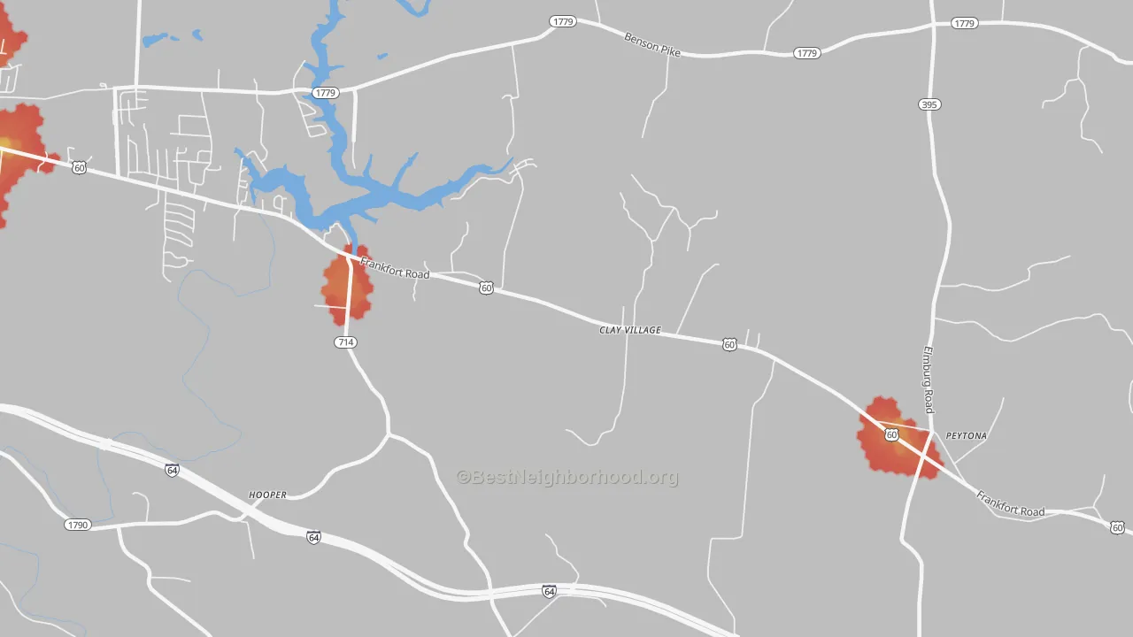 Walk Grade map of Clay Village, KY, walkable areas in green and car-dependent areas in red