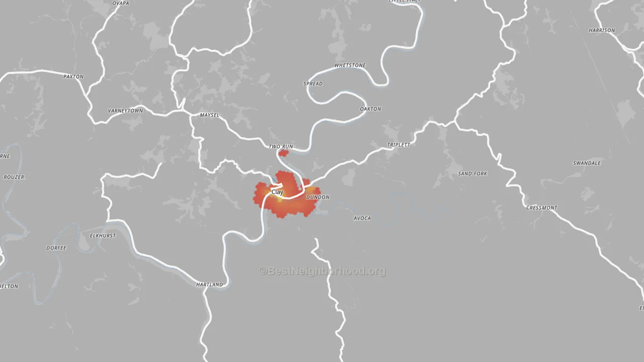 Walk Grade map of Clay, WV, walkable areas in green and car-dependent areas in red