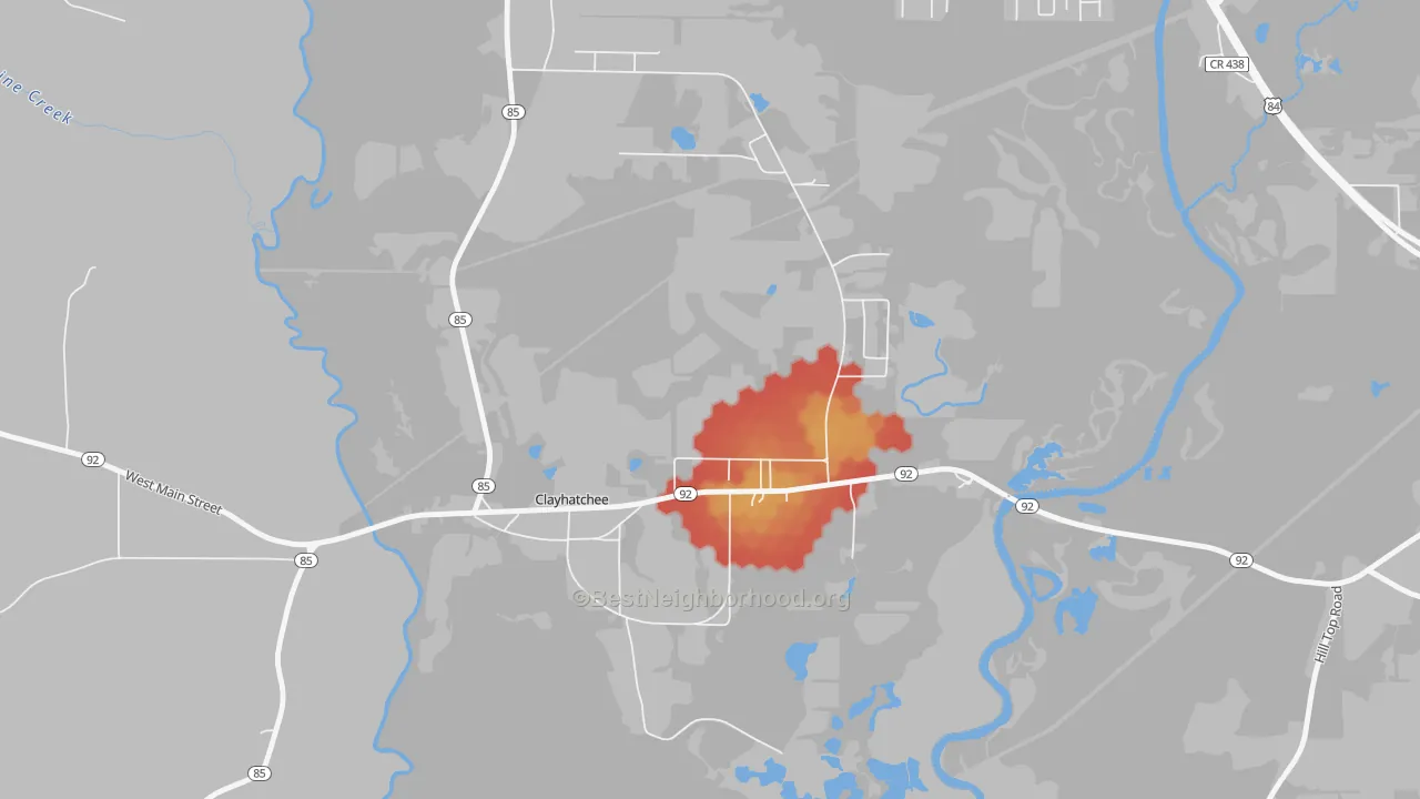 Walk Grade map of Clayhatchee, AL, walkable areas in green and car-dependent areas in red