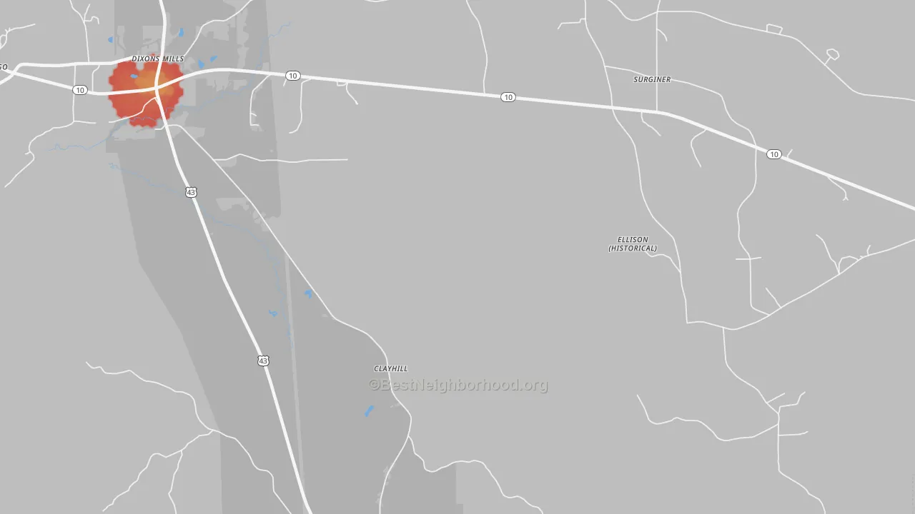 Walk Grade map of Clayhill, AL, walkable areas in green and car-dependent areas in red