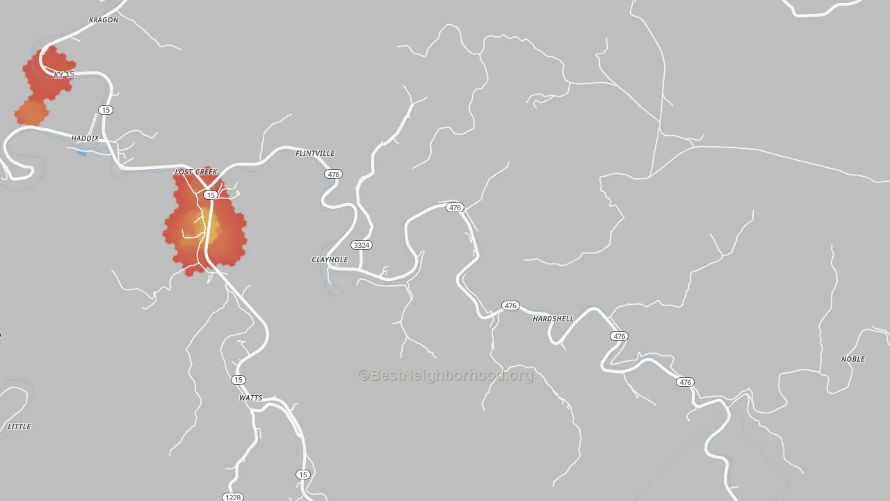 Walk Grade map of Clayhole, KY, walkable areas in green and car-dependent areas in red