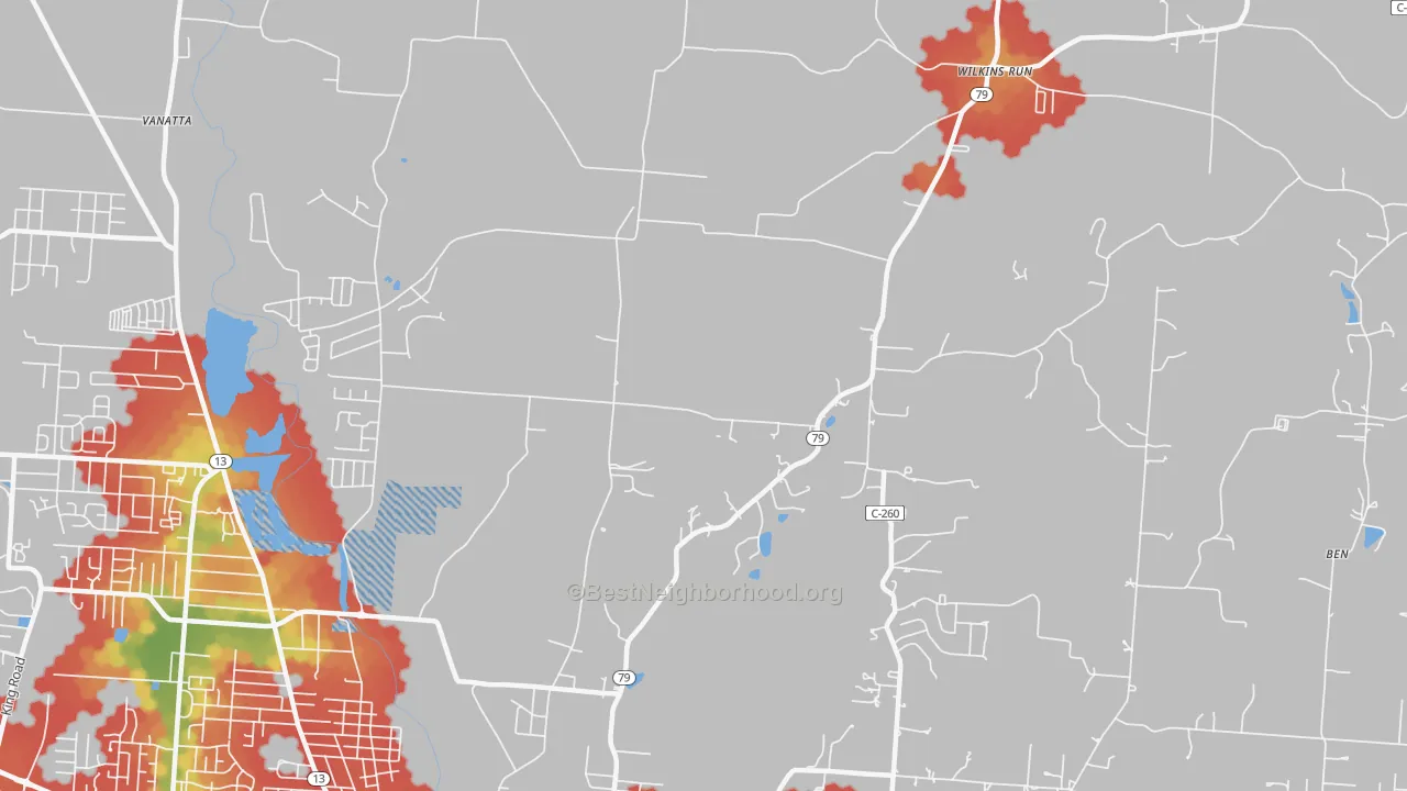 Walk Grade map of Claylick, OH, walkable areas in green and car-dependent areas in red