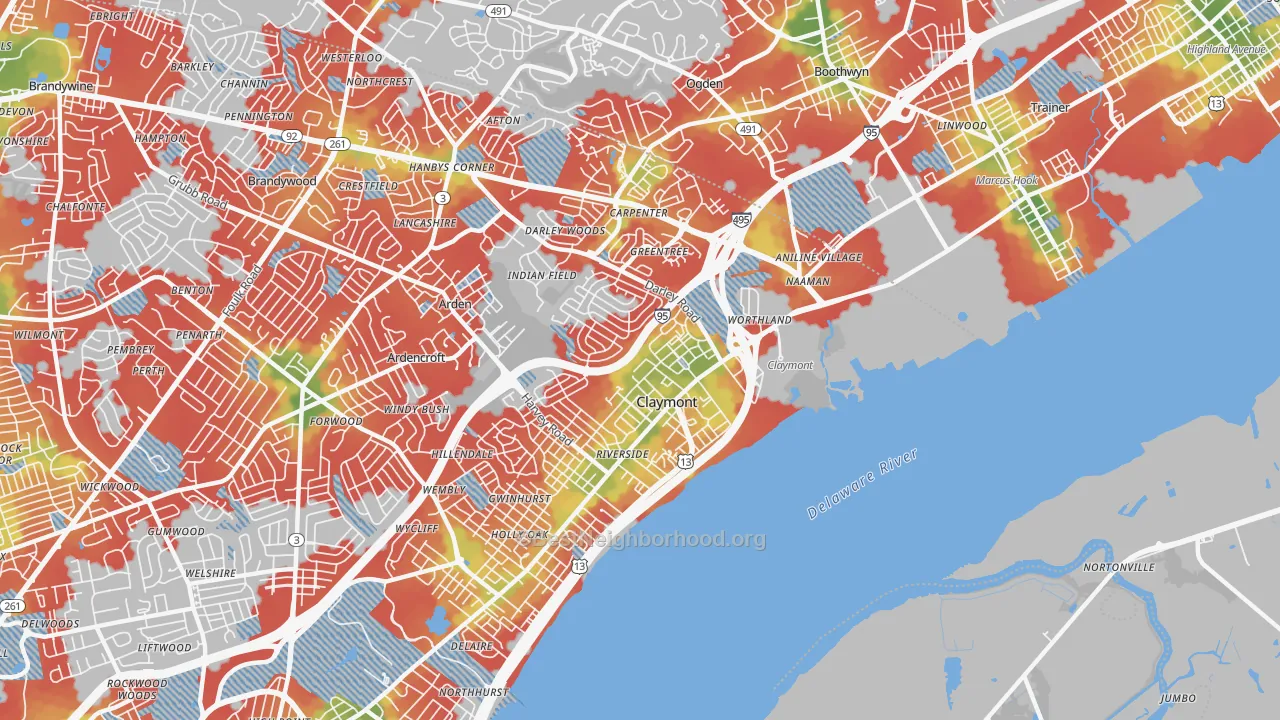 Walk Grade map of Claymont, DE, walkable areas in green and car-dependent areas in red