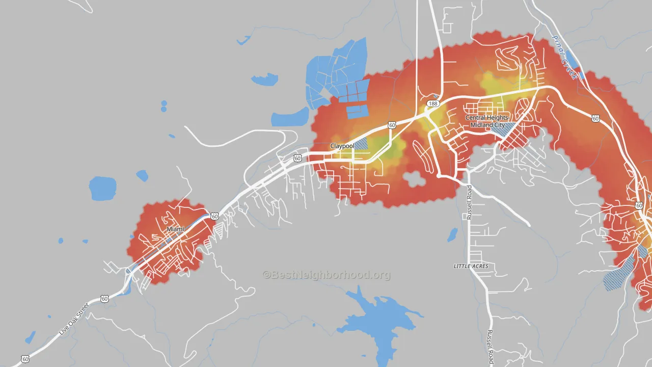 Walk Grade map of Claypool, AZ, walkable areas in green and car-dependent areas in red