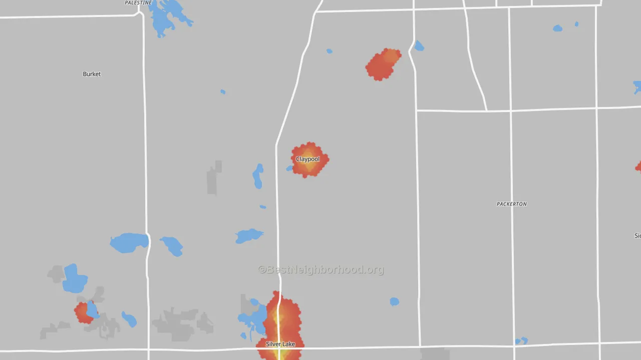 Walk Grade map of Claypool, IN, walkable areas in green and car-dependent areas in red