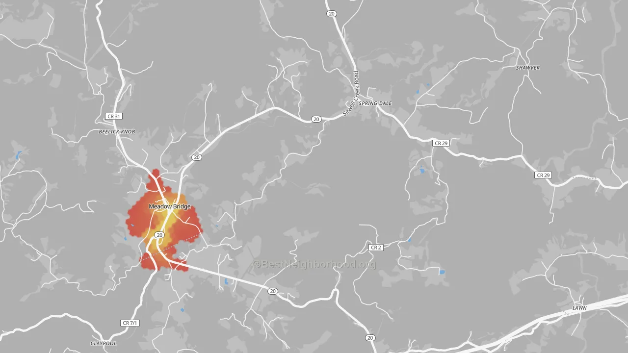 Walk Grade map of Claypool, WV, walkable areas in green and car-dependent areas in red