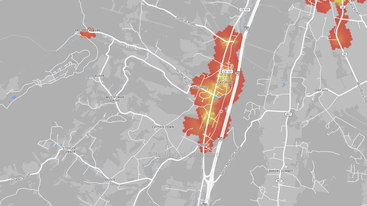Walk Grade map of Claysburg, PA, walkable areas in green and car-dependent areas in red