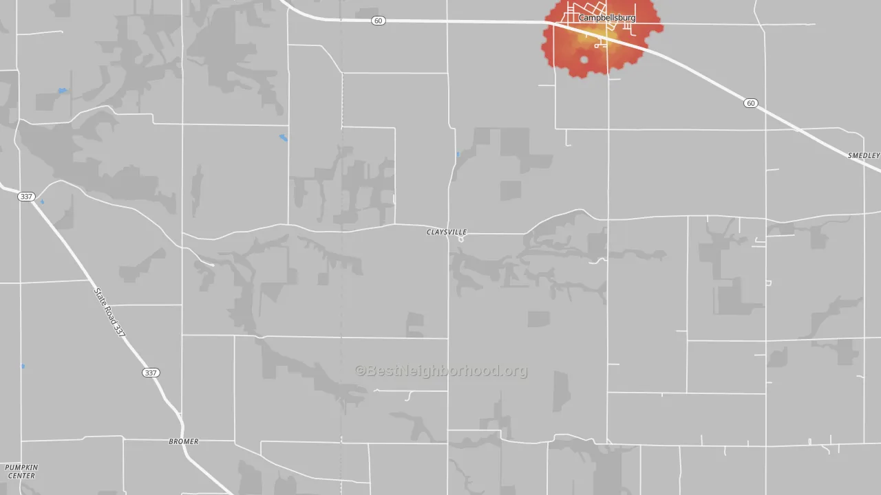 Walk Grade map of Claysville, IN, walkable areas in green and car-dependent areas in red