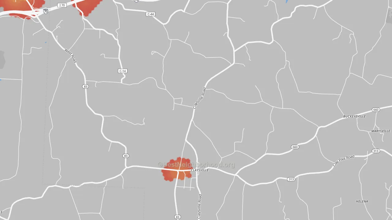 Walk Grade map of Claysville, OH, walkable areas in green and car-dependent areas in red