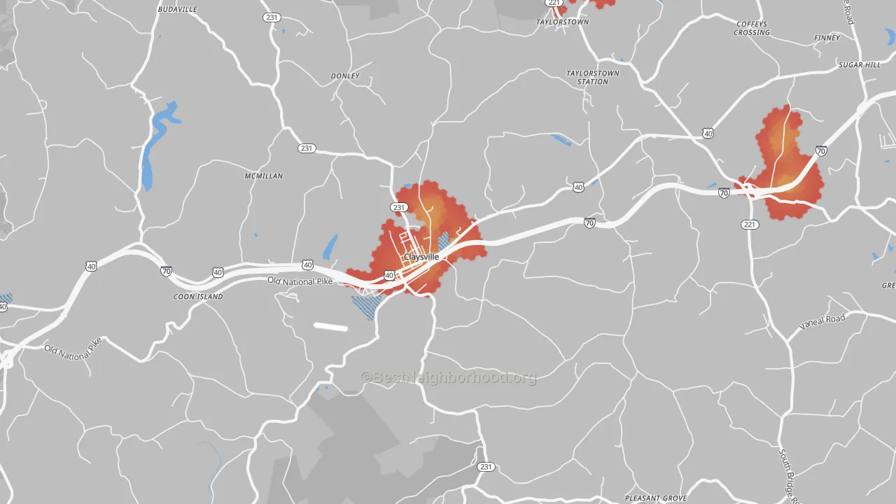 Walk Grade map of Claysville, PA, walkable areas in green and car-dependent areas in red