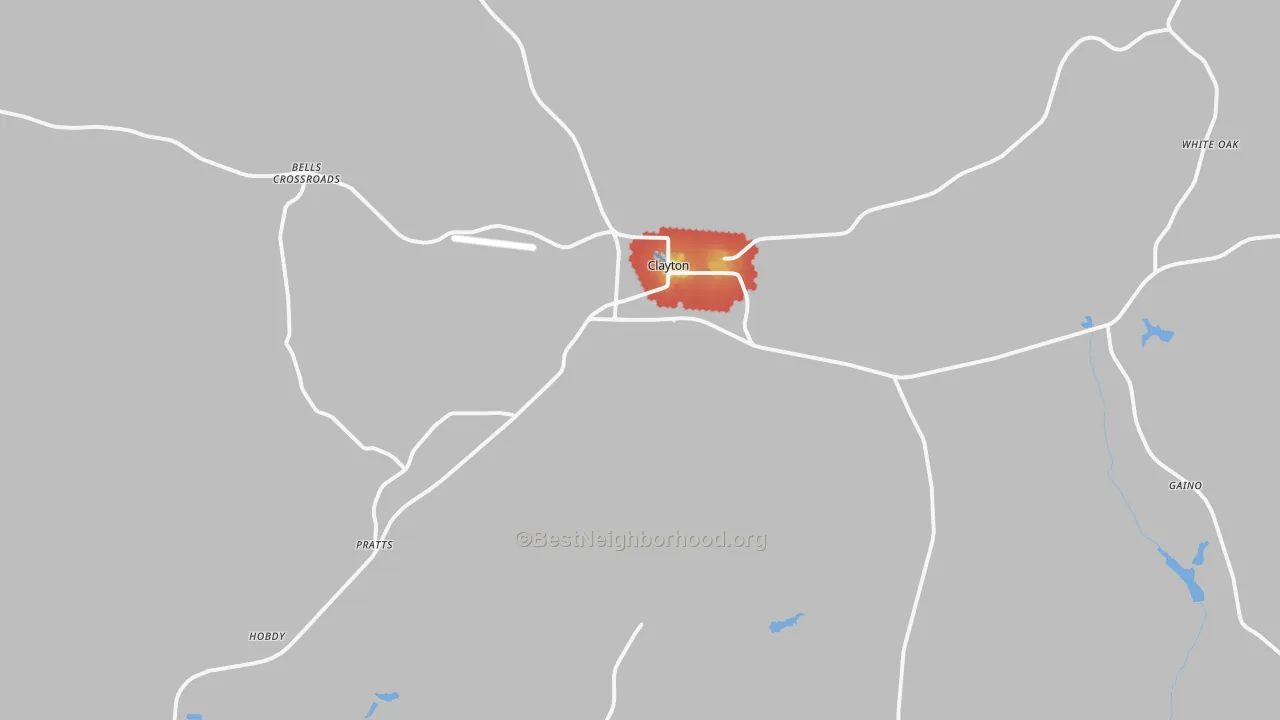 Walk Grade map of Clayton, AL, walkable areas in green and car-dependent areas in red