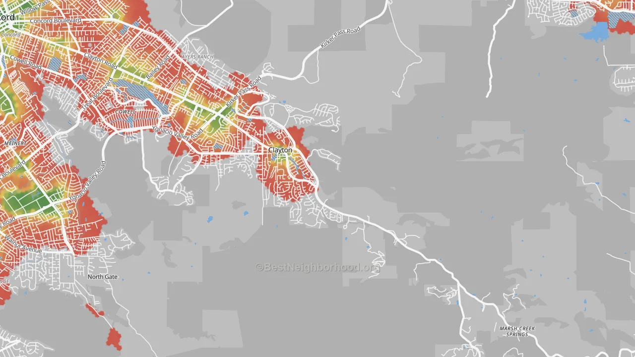 Walk Grade map of Clayton, CA, walkable areas in green and car-dependent areas in red