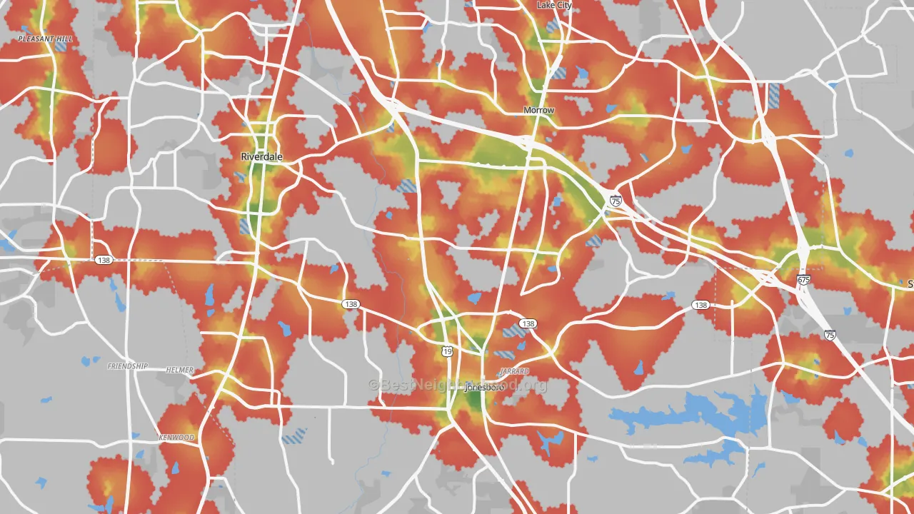 Walk Grade map of Clayton County, GA, walkable areas in green and car-dependent areas in red