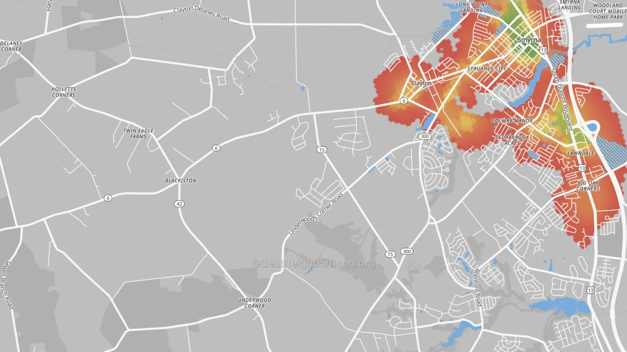Walk Grade map of Clayton, DE, walkable areas in green and car-dependent areas in red