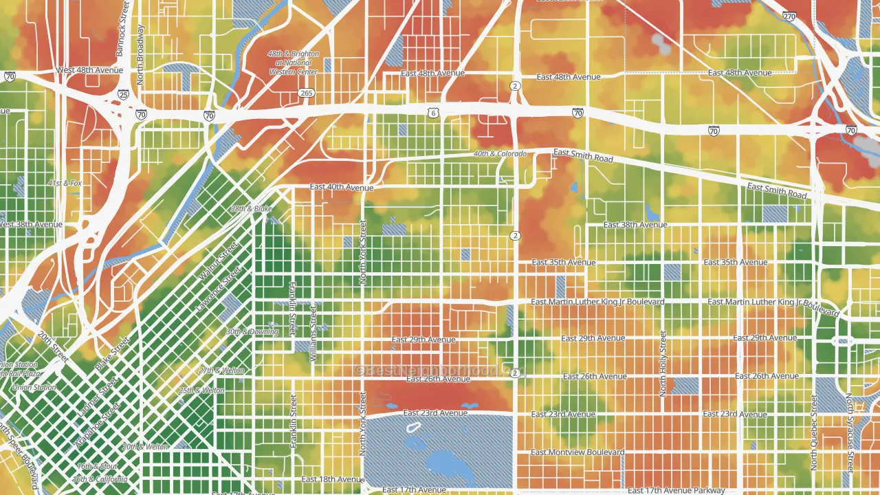 Walk Grade map of Clayton, Denver, CO, walkable areas in green and car-dependent areas in red