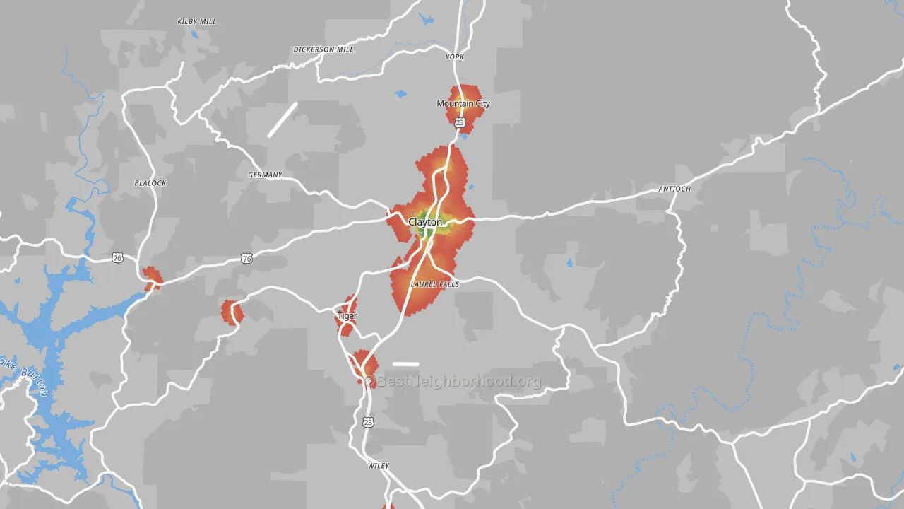 Walk Grade map of Clayton, GA, walkable areas in green and car-dependent areas in red