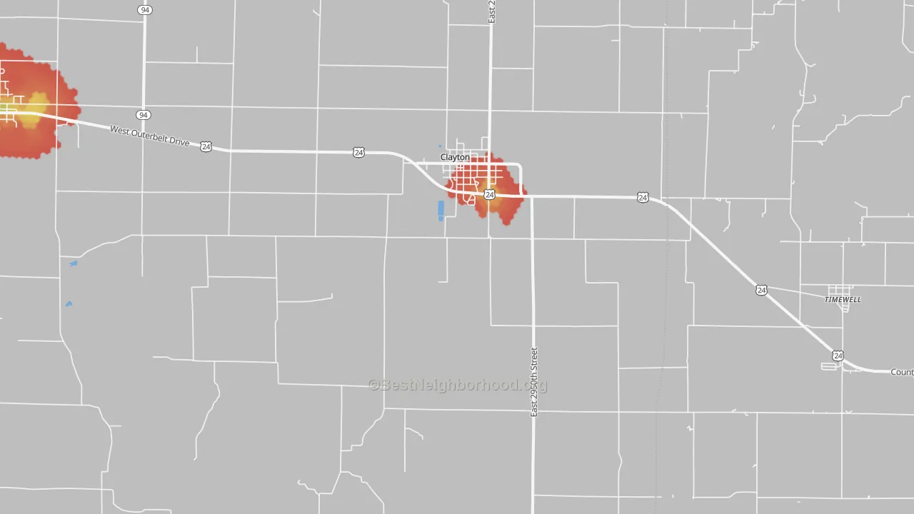 Walk Grade map of Clayton, IL, walkable areas in green and car-dependent areas in red
