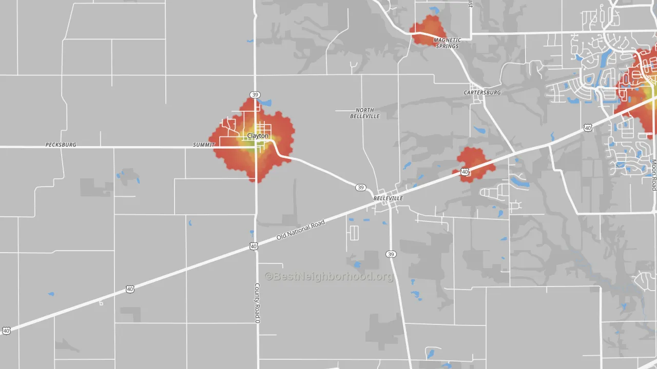 Walk Grade map of Clayton, IN, walkable areas in green and car-dependent areas in red