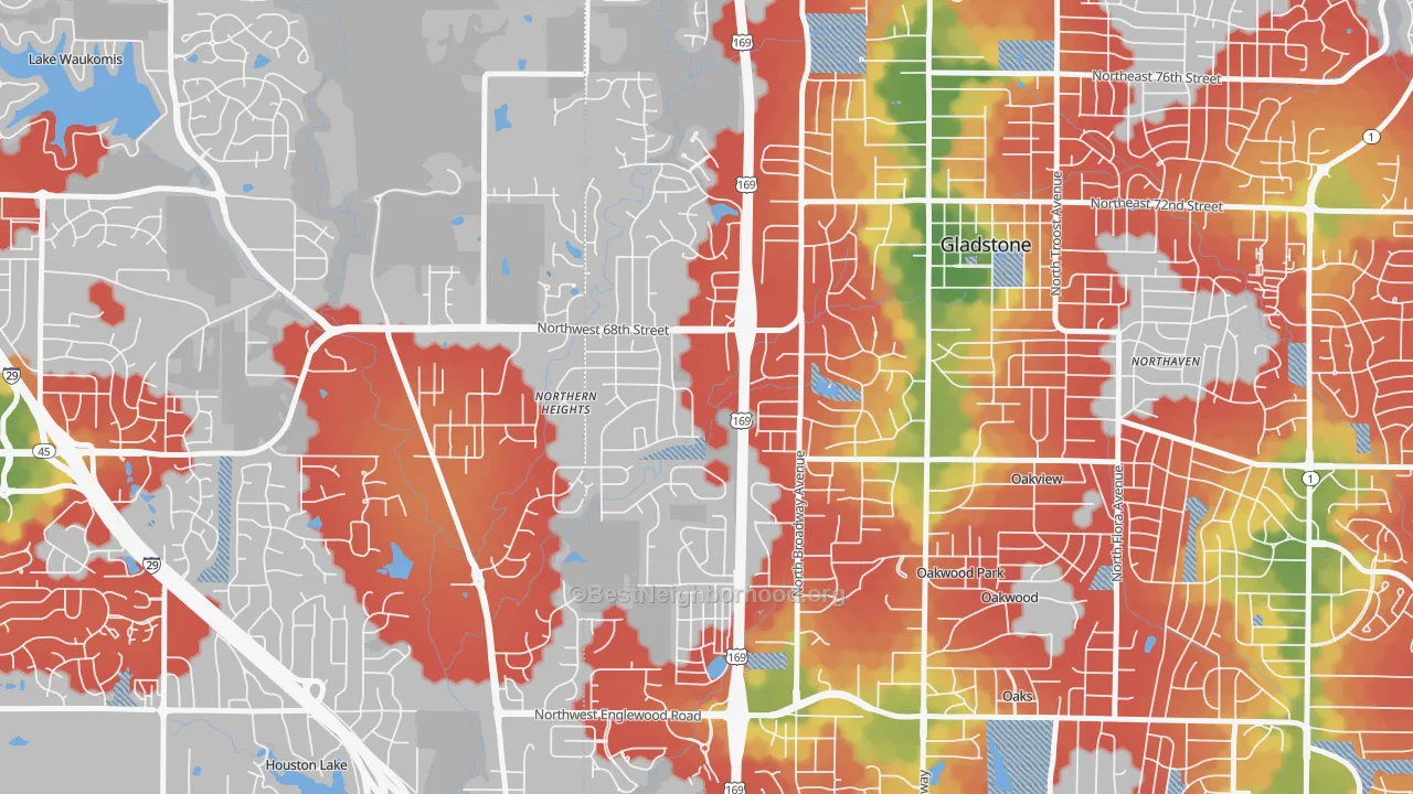 Walk Grade map of Clayton, Kansas City, MO, walkable areas in green and car-dependent areas in red