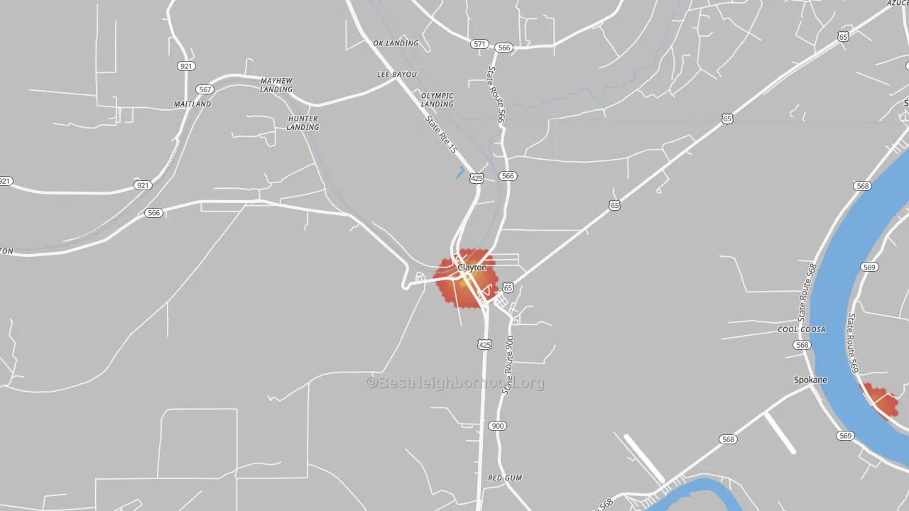 Walk Grade map of Clayton, LA, walkable areas in green and car-dependent areas in red