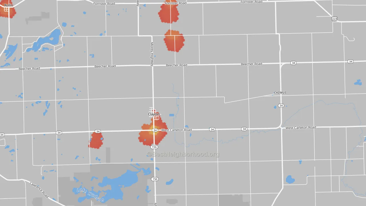 Walk Grade map of Clayton, MI, walkable areas in green and car-dependent areas in red