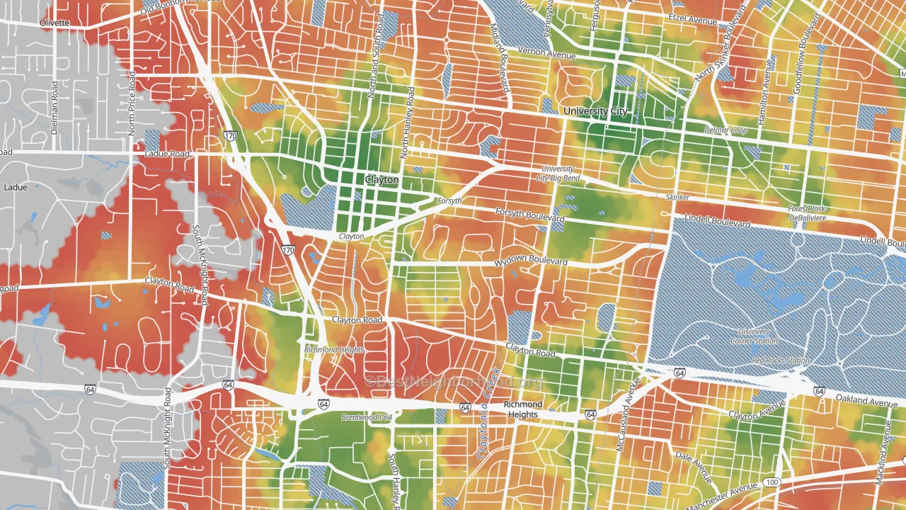 Walk Grade map of Clayton, MO, walkable areas in green and car-dependent areas in red