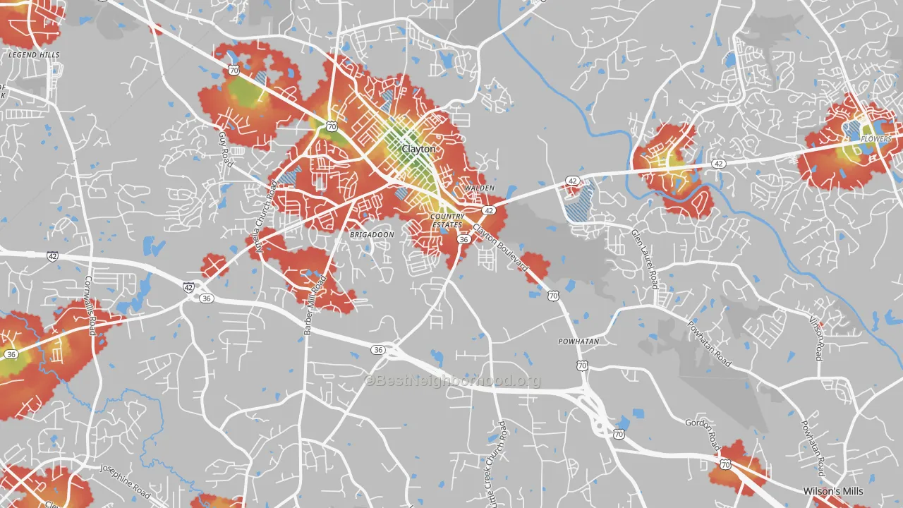 Walk Grade map of Clayton, NC, walkable areas in green and car-dependent areas in red
