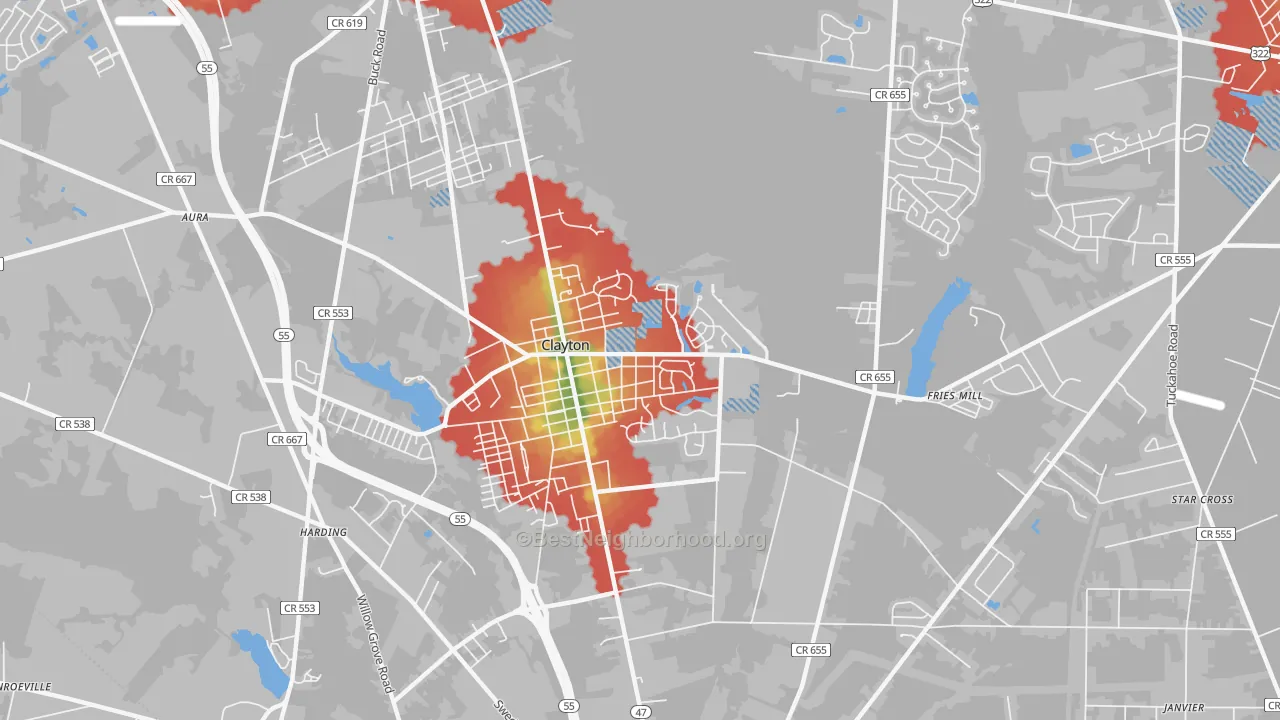 Walk Grade map of Clayton, NJ, walkable areas in green and car-dependent areas in red