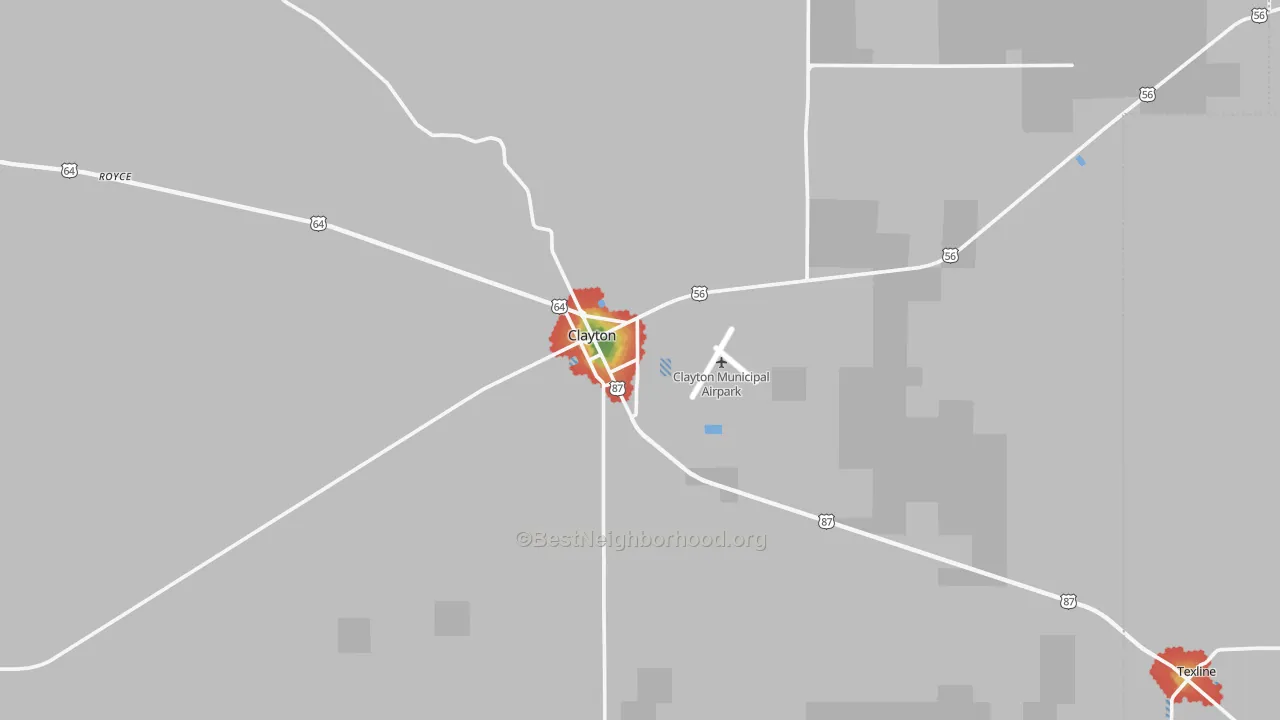 Walk Grade map of Clayton, NM, walkable areas in green and car-dependent areas in red