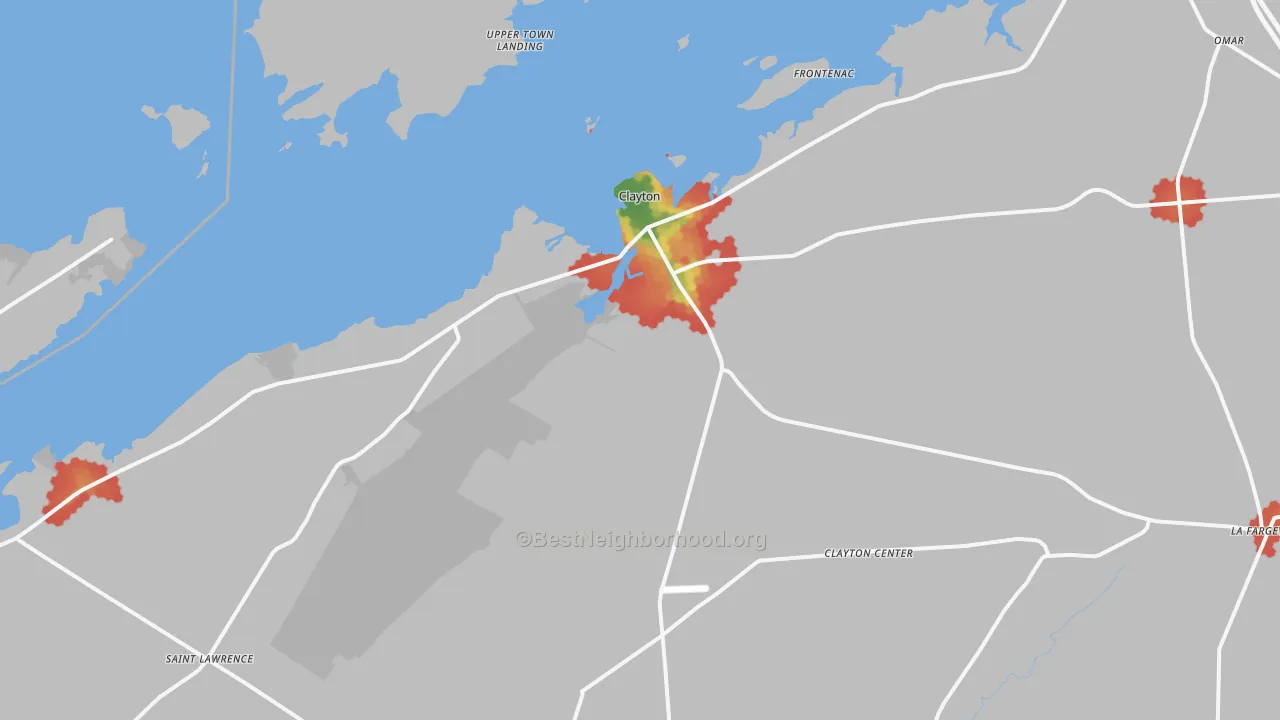 Walk Grade map of Clayton, NY, walkable areas in green and car-dependent areas in red