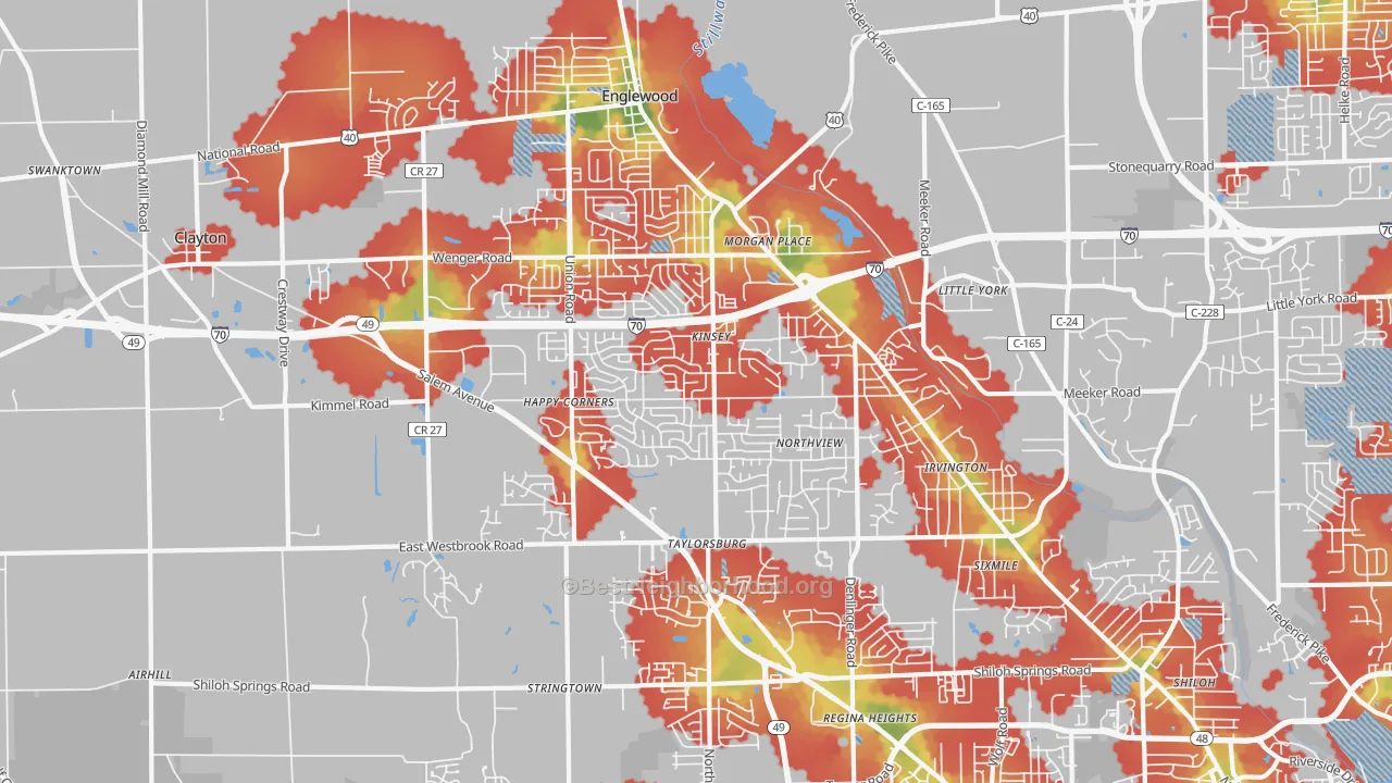 Walk Grade map of Clayton, OH, walkable areas in green and car-dependent areas in red