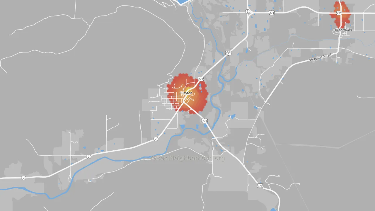 Walk Grade map of Clayton, OK, walkable areas in green and car-dependent areas in red